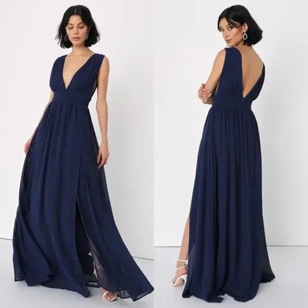 Lulu’s Heavenly Hues Navy Blue Plunge V-Neck Sleeveless Maxi Bridesmaid Dress